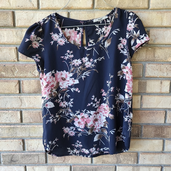 Navy blue top, floral print - Picture 1 of 4